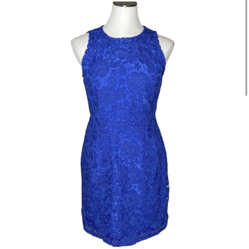 💙 JCrew Blue Lace Overlay Women's Key Hole Back Knee Length Dress